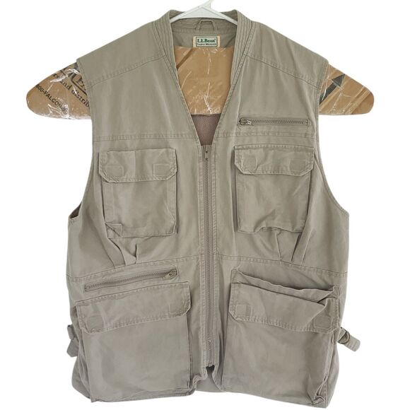 LL Bean Vintage Fishing Field Vest Men's LG Khaki Photography Hunting Back Pouch